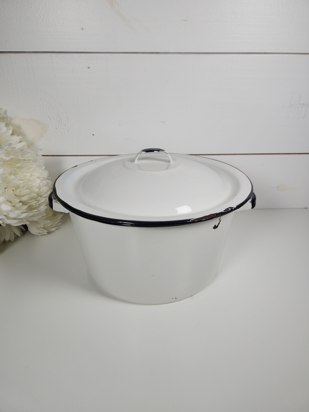 Vintage White and Black Enamel Stock Pot with Lid- Enamelware- Farmhouse Decor